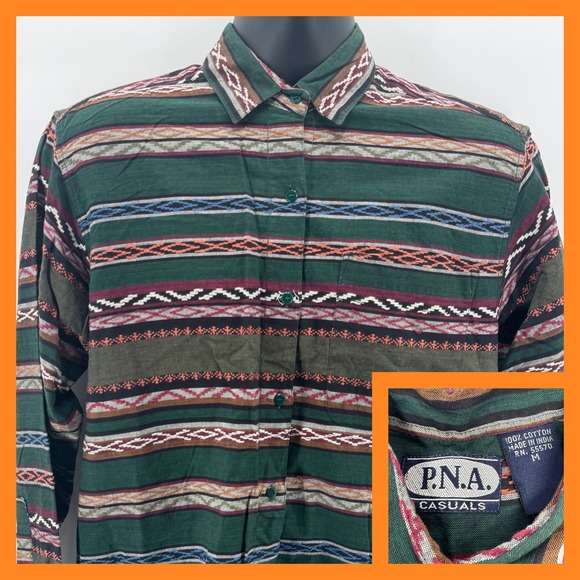 P.N.A. Casuals Striped Button Up Shirt Cotton Aztec Western Boho Outdoorsy - Picture 1 of 5